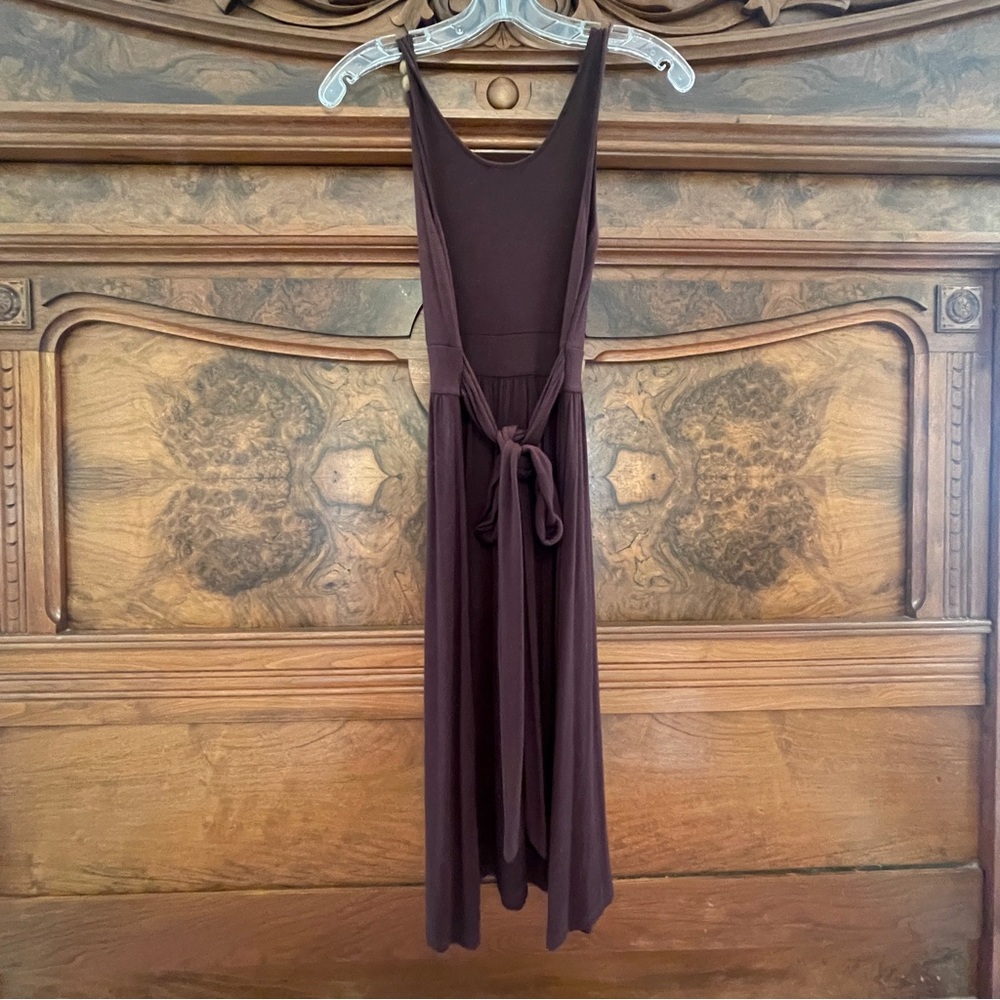 U-Knit Brown Stretchy Sleeveless V-neck Dress with Tie Waist - Picture 7 of 9